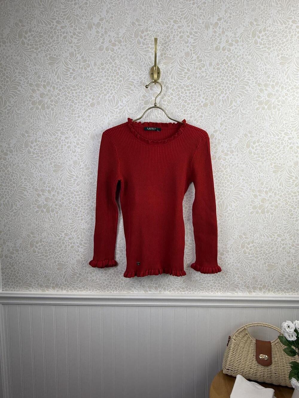 Ralph Lauren Red Ribbed Long Sleeve Ruffle Trim Sweater - Size - Medium